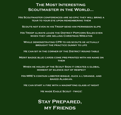 Most Interesting Scoutmaster in The World TShirt- Hilarious Please check out the back shirt design - zoomed