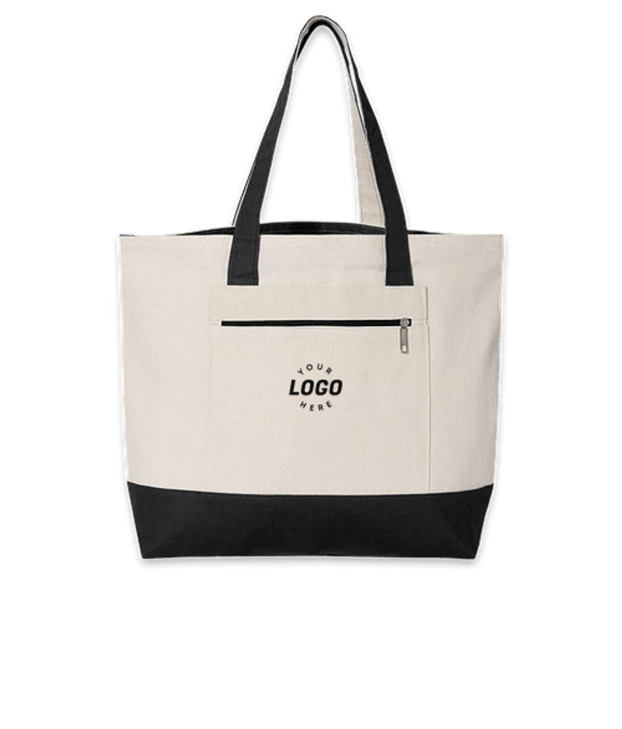 Embroidered Large Front Zipper Cotton Tote Bag in Natural / Black