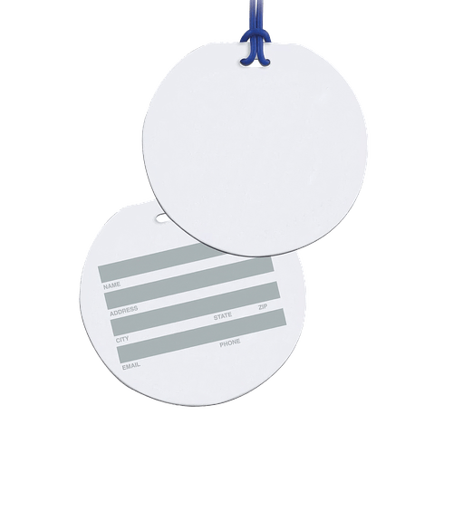 Round Celebrity Bag Tag in White w/ Blue Loop Strap
