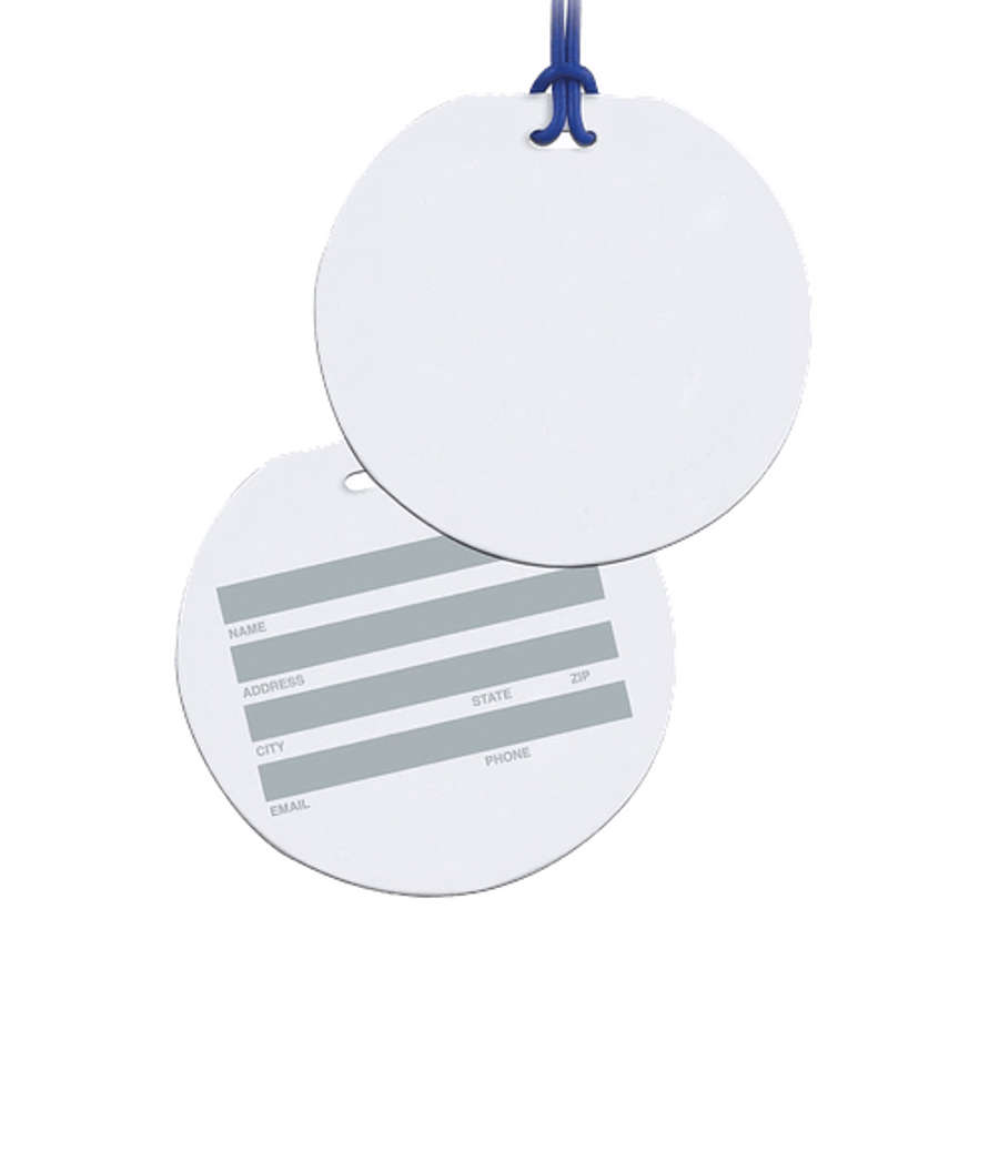 Round Celebrity Bag Tag in White w/ Blue Loop Strap