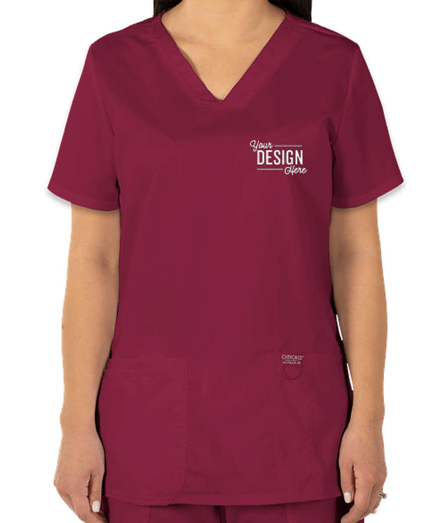 Cherokee Workwear Revolution Women's V-Neck Scrub Top - Embroidered in Wine