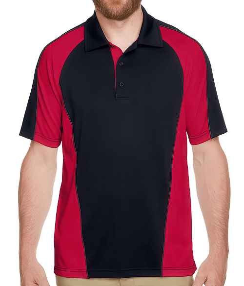 Harriton Advantage Snag Protection Plus Colorblock Performance Polo in Black /  Red /  Dark Charcoal