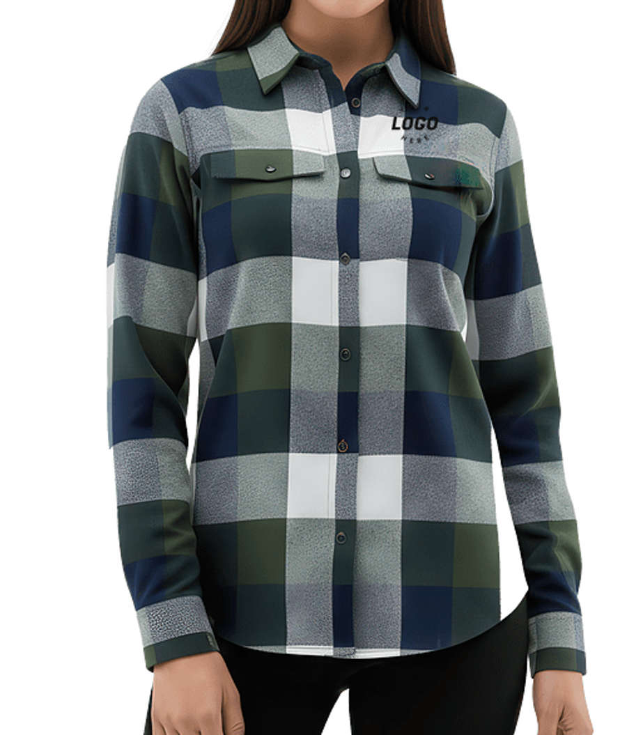 Stormtech Women's Logan Snap Front Plaid Long Sleeve Shirt in Earth Green / Navy