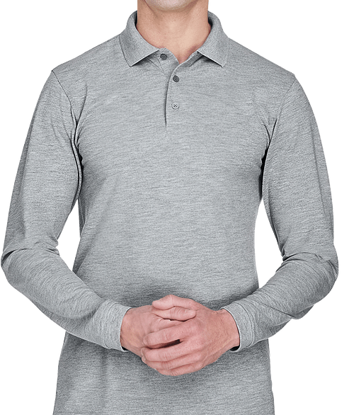 Harriton Easy Blend Long Sleeve Pique Polo - Printed in Grey Heather