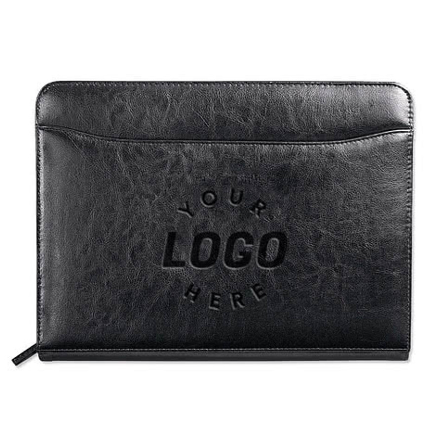 Debossed Renaissance Leather Zippered Padfolio in Black