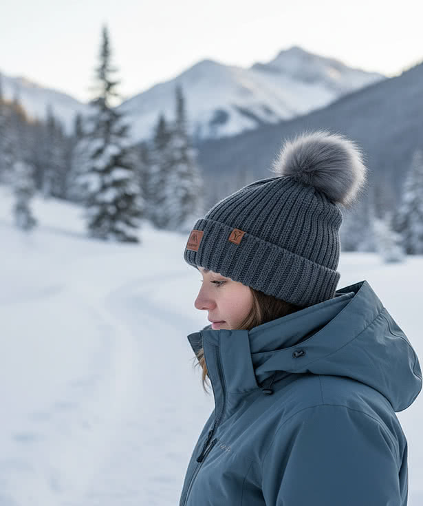 Leeman Knit Rectangle Patch Pom Pom Beanie - Debossed