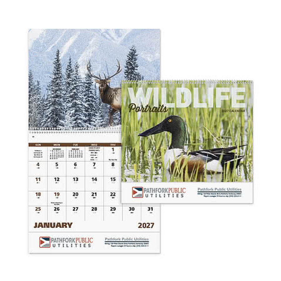 Wildlife Portraits Spiral Monthly Calendar in White