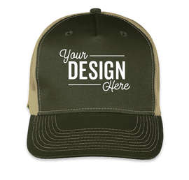 Port Authority Five-Panel Snapback Trucker Hat - Screen Printed - Color: Olive Drab Green / Tan