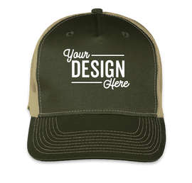 Port Authority Five-Panel Snapback Trucker Hat - Embroidered - Color: Olive Drab Green / Tan
