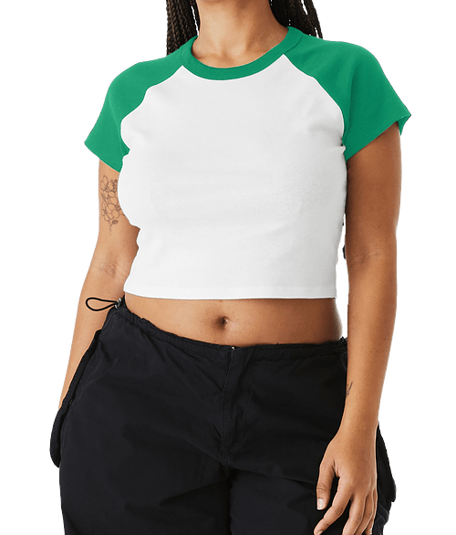 Bella + Canvas Women's Micro Rib Raglan Cropped T-shirt in White / Kelly