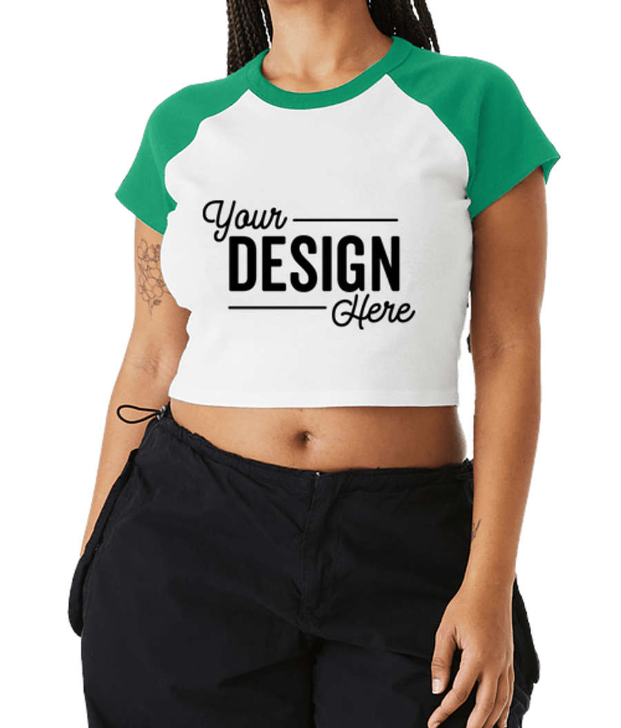 Bella + Canvas Women's Micro Rib Raglan Cropped T-shirt in White / Kelly