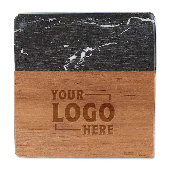 Laser Engraved Black Marble and Wood Coasters (Set of 4)