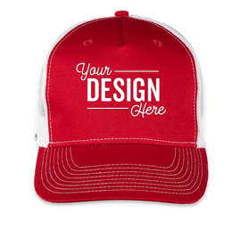 Port Authority Five-Panel Snapback Trucker Hat - Screen Printed - Color: Flame Red / White
