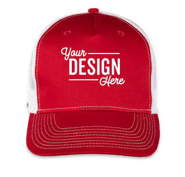 Port Authority Five-Panel Snapback Trucker Hat - Embroidered - Color: Flame Red / White