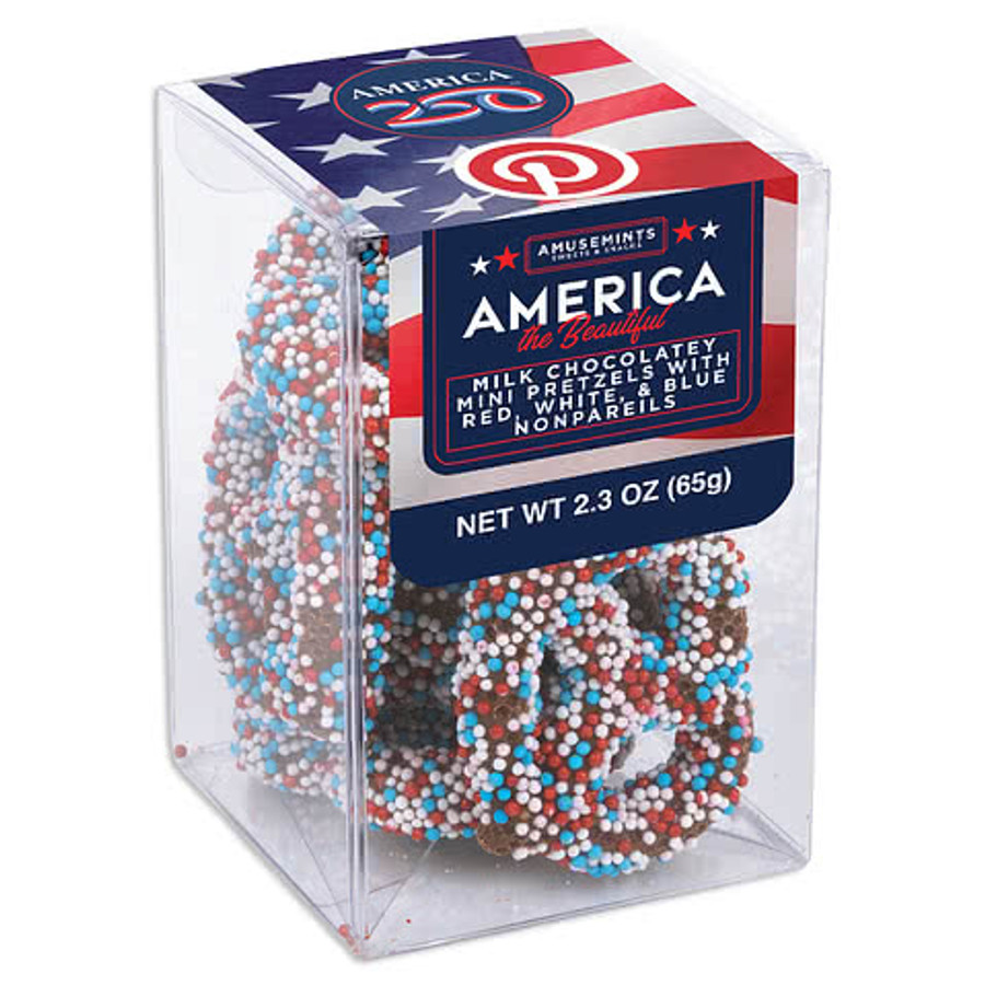 Full Color America250™ Patriotic Nonpareil Milk Chocolate Covered Pretzels in Red, White and Blue