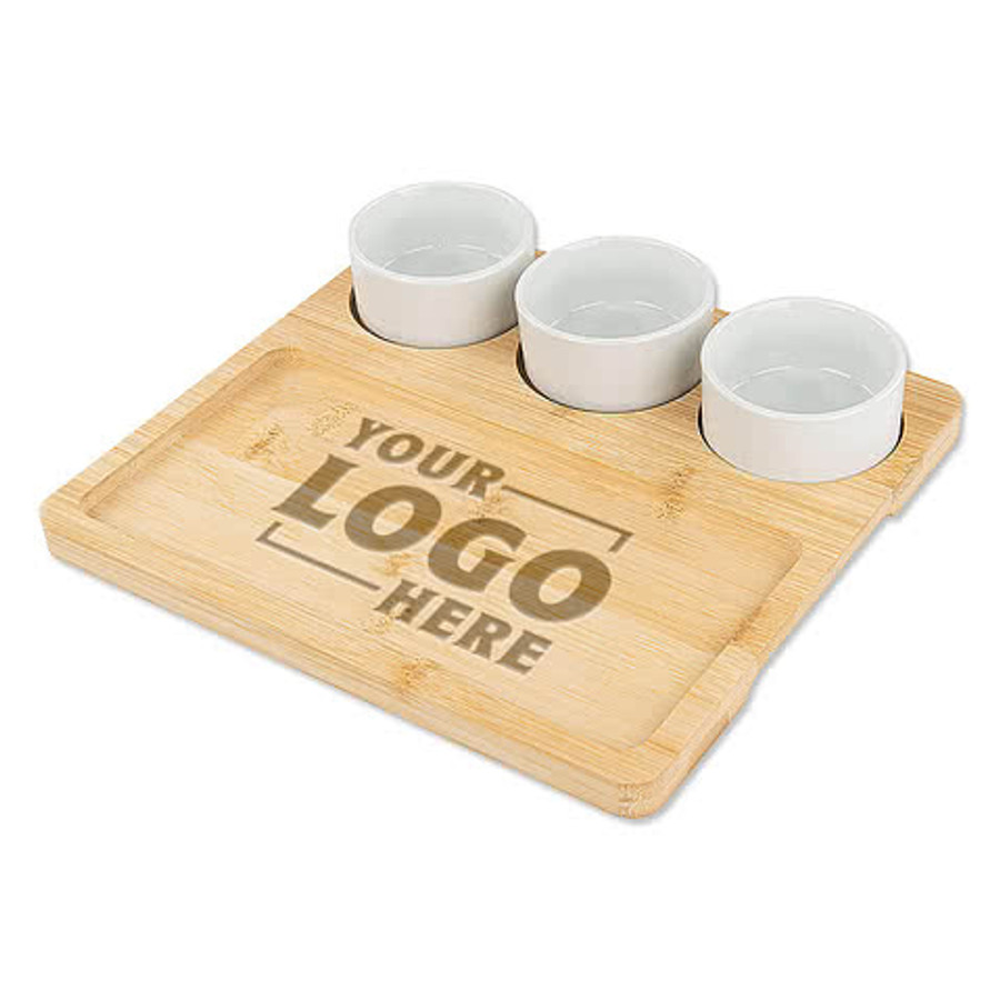 Laser Engraved Bamboo Serving Tray with Ceramic Bowls in Natural