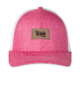 Ahead Pregame Burlap Trucker Hat with Tan Rectangle Patch - Color: Pink / White