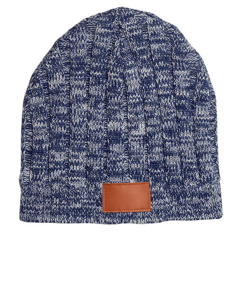 Heathered Acrylic Knit Rectangle Patch Beanie -  Debossed in BLUE-NAVY