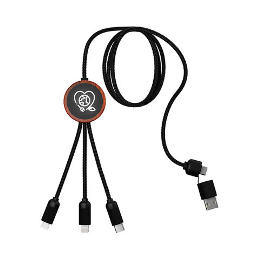 Laser Engraved 5-in-1 Bamboo Accent Charging Cable with Light-Up Logo in Black