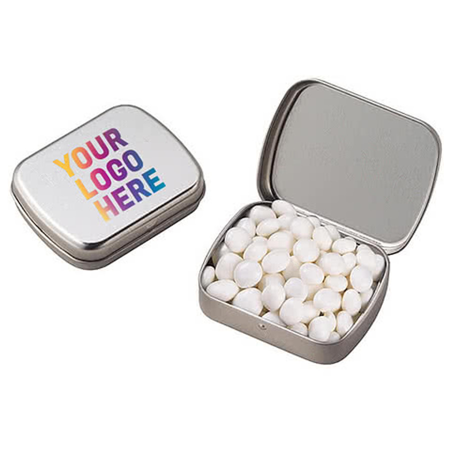 Full Color White Mints Small Hinged Tin in Black