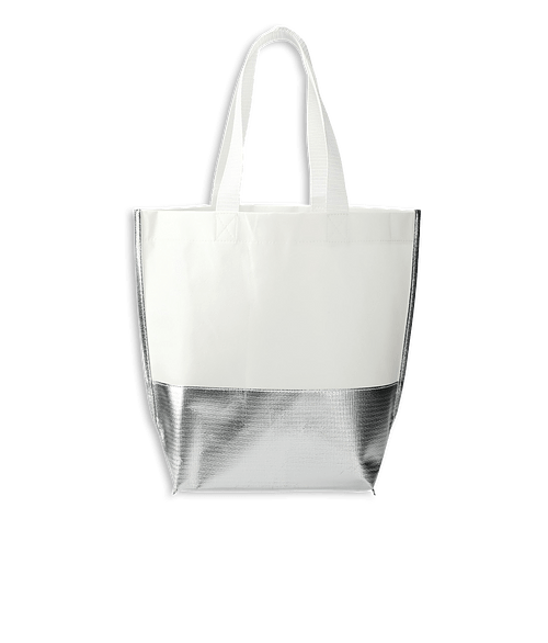 Large Laminated Metallic Bottom Tote Bag in White & Silver