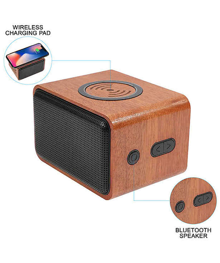 Laser Engraved Wood Portable Bluetooth Speaker with Wireless Charging Pad