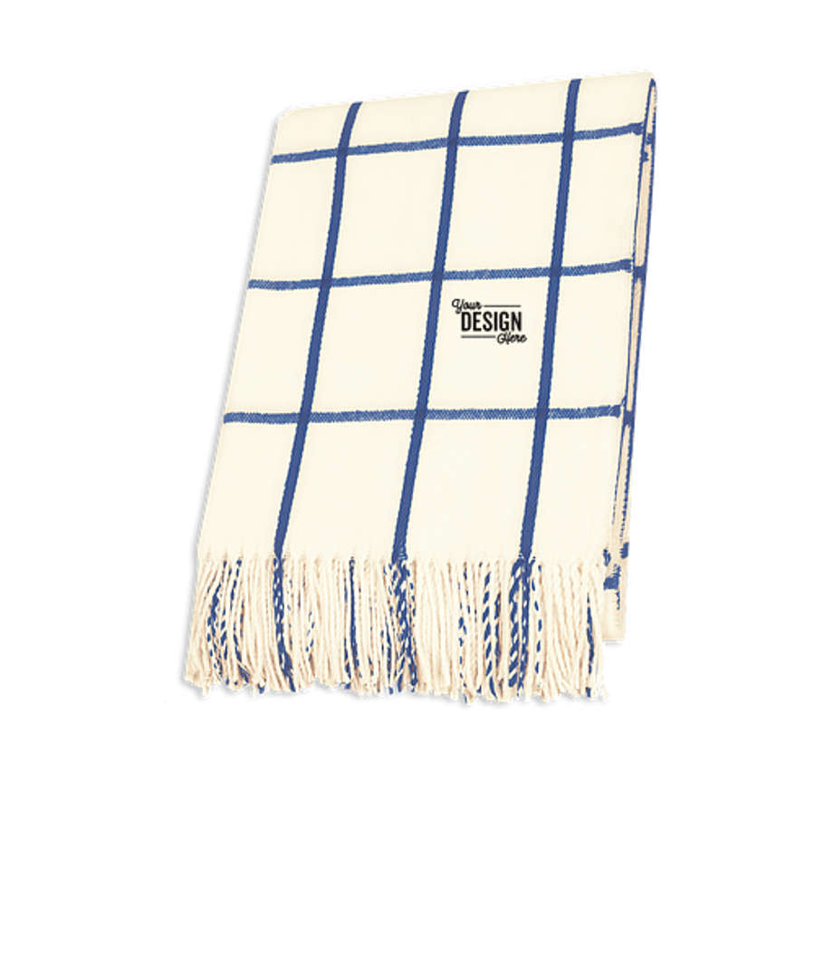Charleston Fringed Throw Blanket in White with Navy Blue