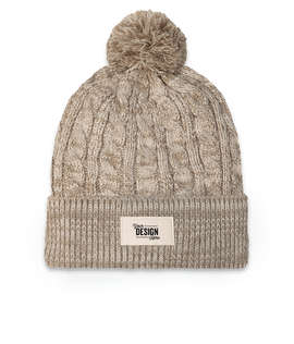 Ahead Aspen Pom Pom Beanie with Ivory Rectangle Patch - Color: Tan / Ivory