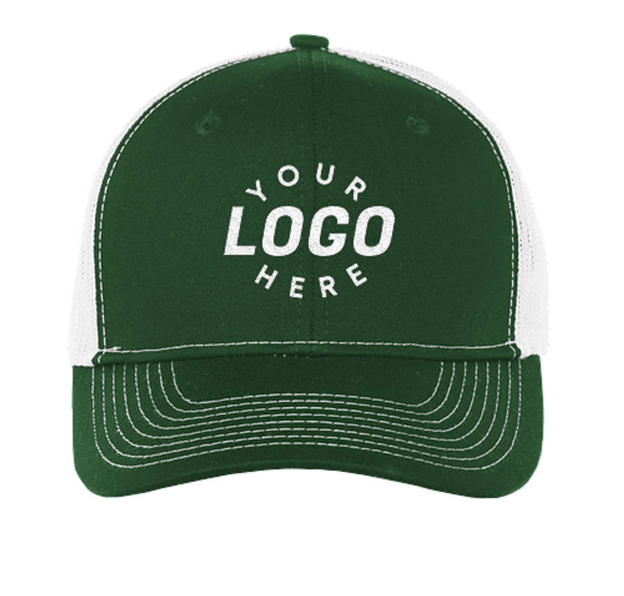 Port Authority Snapback Trucker Hat - Embroidered in Dark Green / White