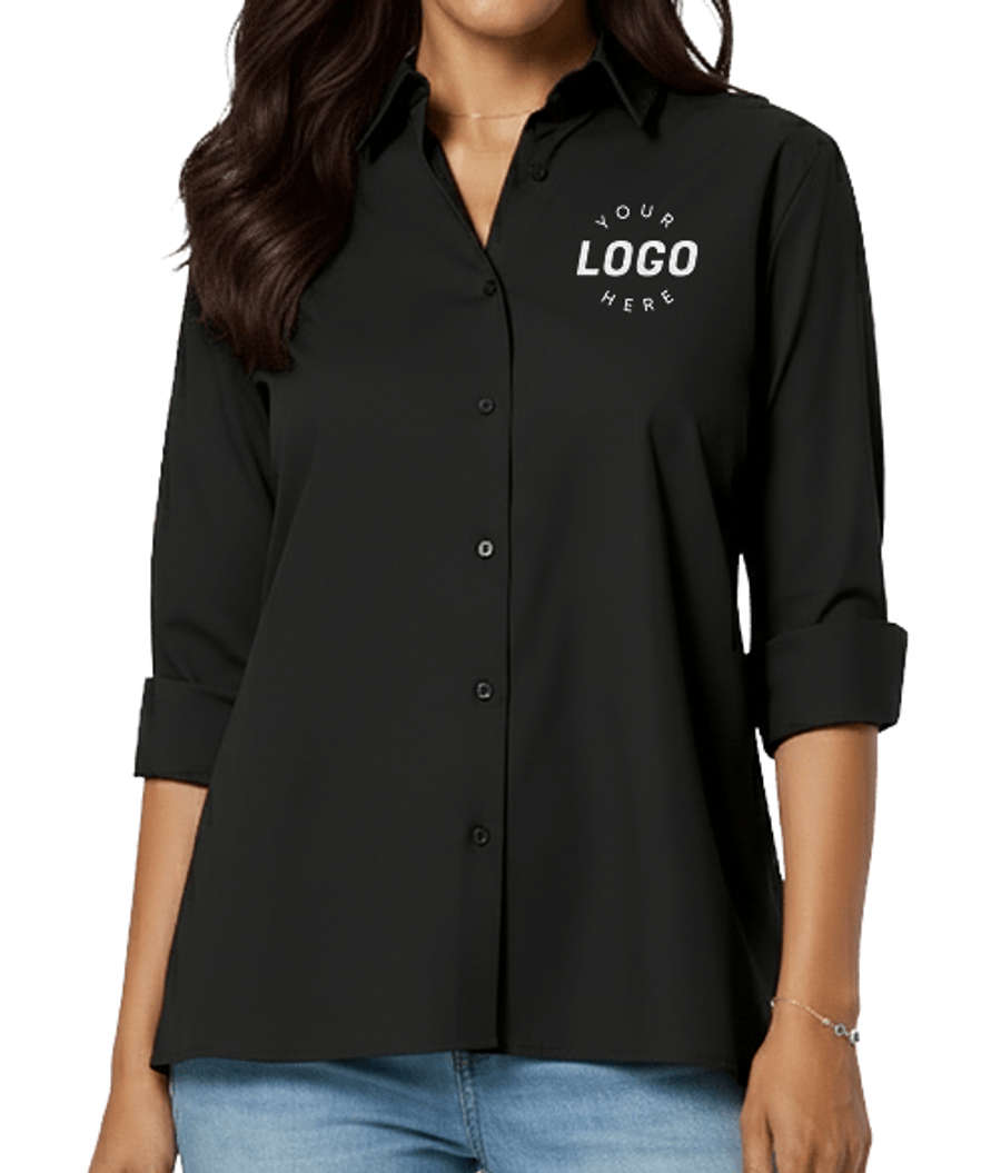 Blue Generation Women’s Studio Poplin 3/4 Sleeve Swing Shirt - Embroidered in Black