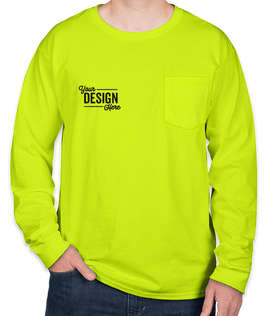 Hanes Workwear Long Sleeve Pocket T-shirt - Embroidered - Color: Safety Green