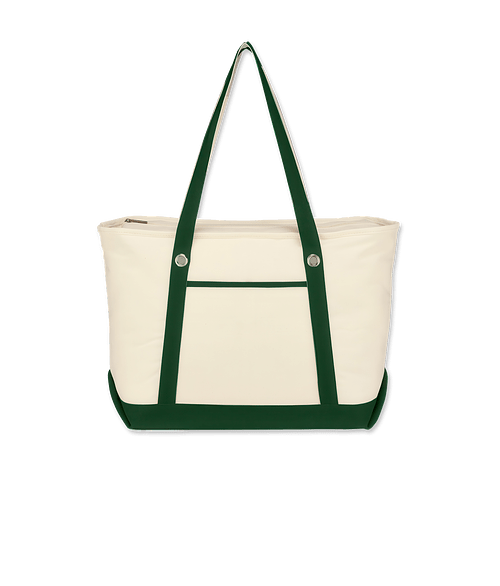 Large Cotton Canvas Zippered Tote Bag with Grommets in Natural with Forest Green