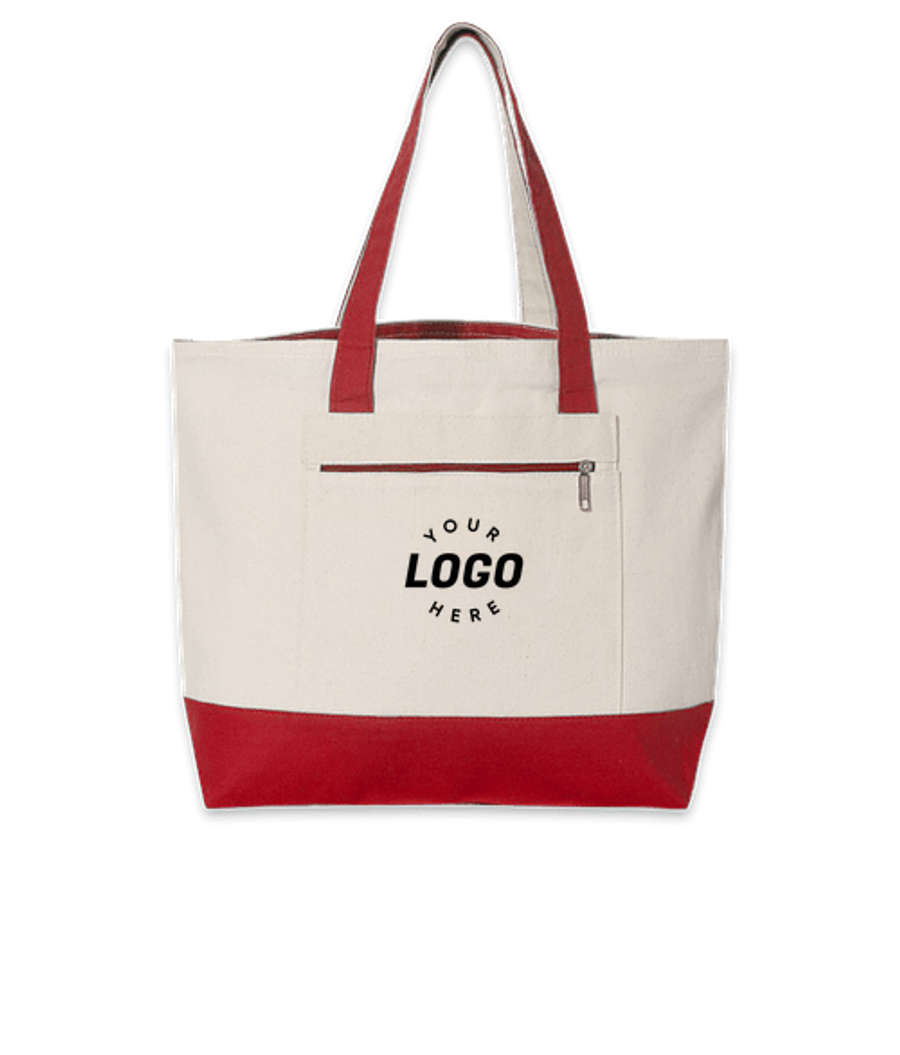 Large Front Zipper Cotton Tote Bag in Natural / Red