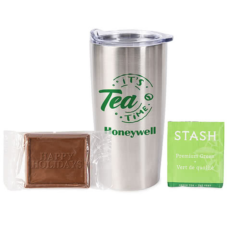 20 oz. Tumbler with Stash Tea and Happy Holidays Cookie Gift Set in Silver