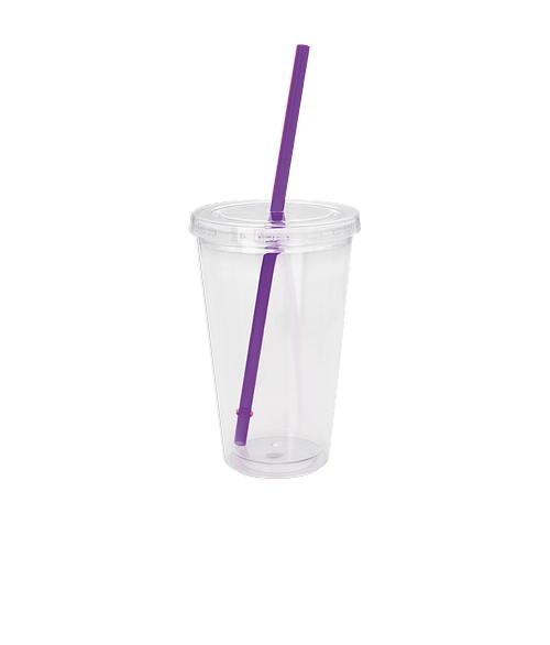Full Color 18 oz. Clear Tumbler with Colored Lid and Straw in Clear Tumbler with Clear Lid and Purple Straw