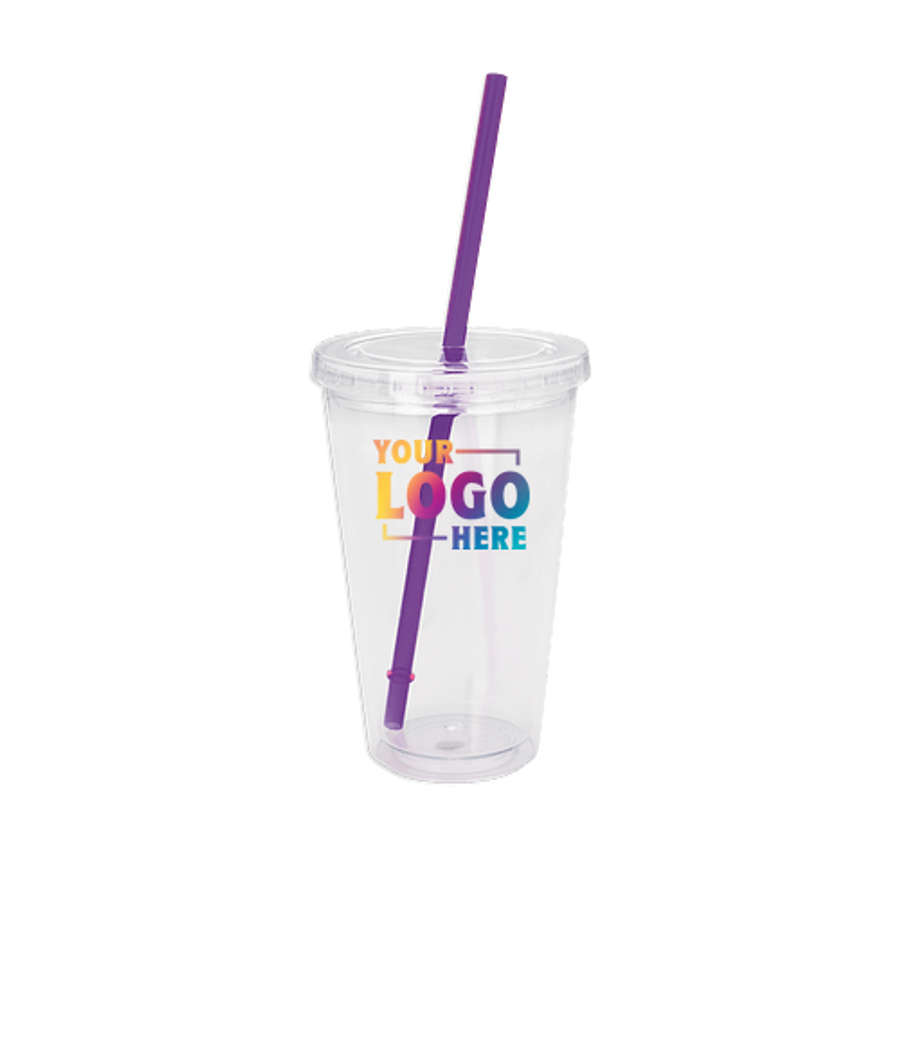Full Color 18 oz. Clear Tumbler with Colored Lid and Straw in Clear Tumbler with Clear Lid and Purple Straw