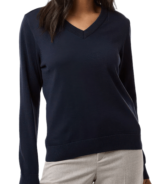 Devon & Jones Women's New Classics Recycled V-Neck Sweater - Embroidered in Navy