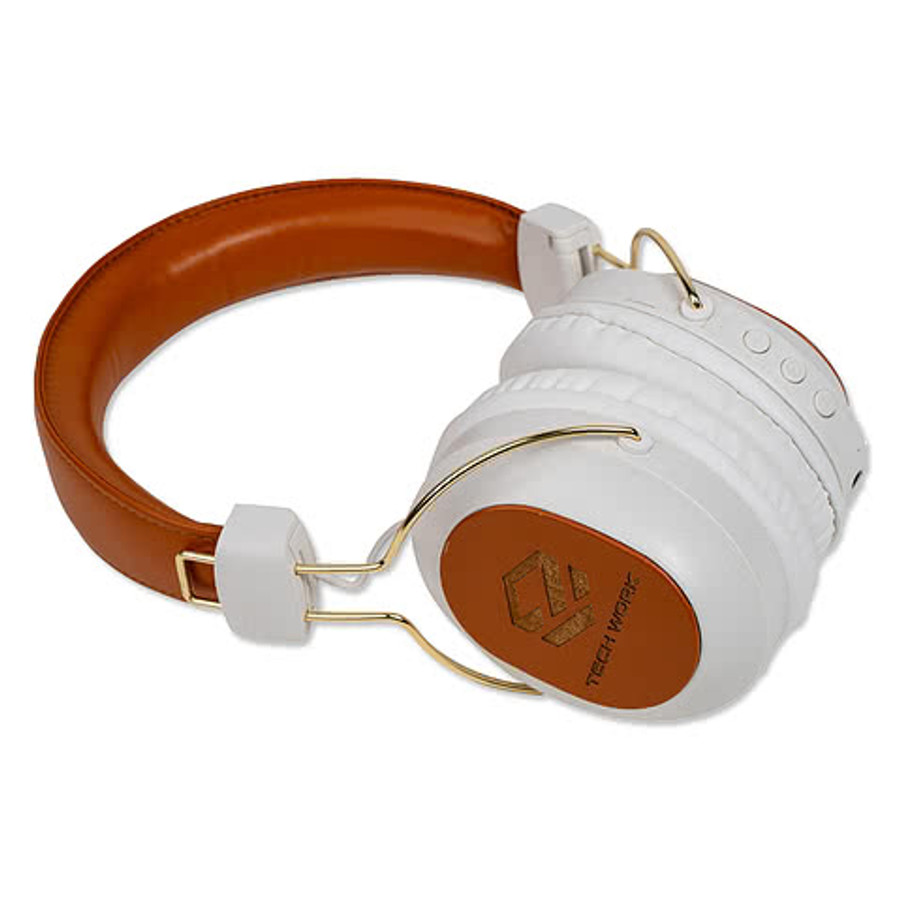 Laser Engraved TerraTone Recycled Wireless Bluetooth Headphones in White / Brown