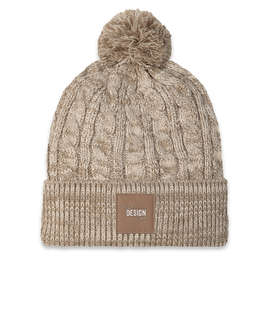 Ahead Aspen Pom Pom Beanie with Tan Square Patch - Color: Tan / Ivory