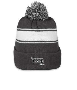 Sport-Tek Striped Pom Pom Beanie - Color: Iron Grey / White