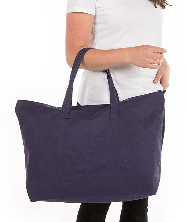 Embroidered Large Wide 100% Cotton Canvas Zippered Tote Bag