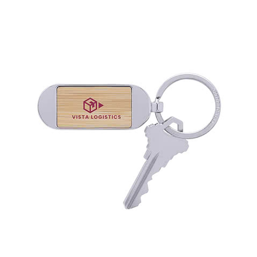 Laser Engraved Bamboo & Metal Oval Keychain in NATURAL
