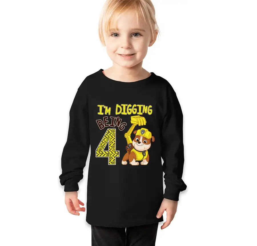Paw Patrol - Birthday Rubble - 4th Birthday - Bella + Canvas Toddler Jersey Long Sleeve T-shirt
