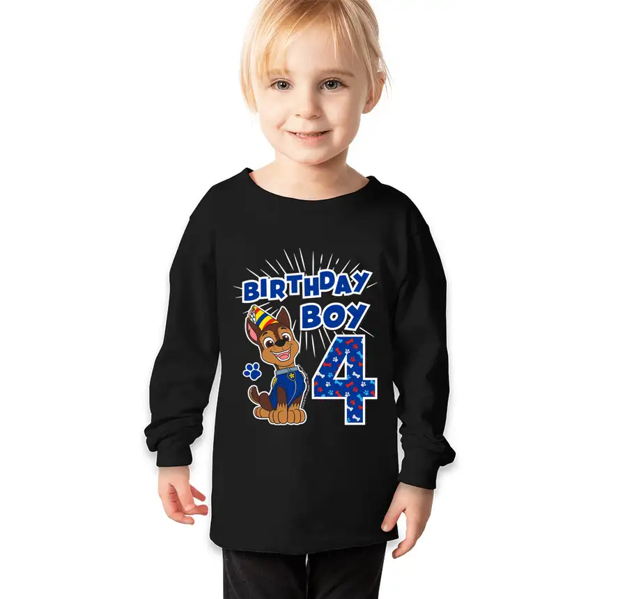 Paw Patrol - Birthday Boy Chase - 4th Birthday - Bella + Canvas Toddler Jersey Long Sleeve T-shirt
