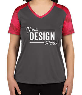 Sport-Tek Women's CamoHex Colorblock Performance Shirt - Color: Iron Grey / Pink Raspberry
