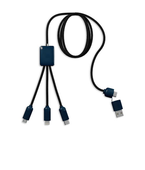 Laser Engraved 5-in-1 Charging Cable with Light-Up Logo in Navy Blue