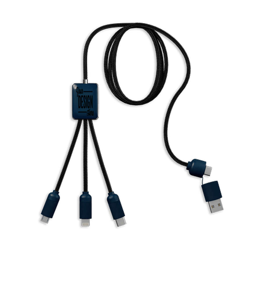 Laser Engraved 5-in-1 Charging Cable with Light-Up Logo in Navy Blue