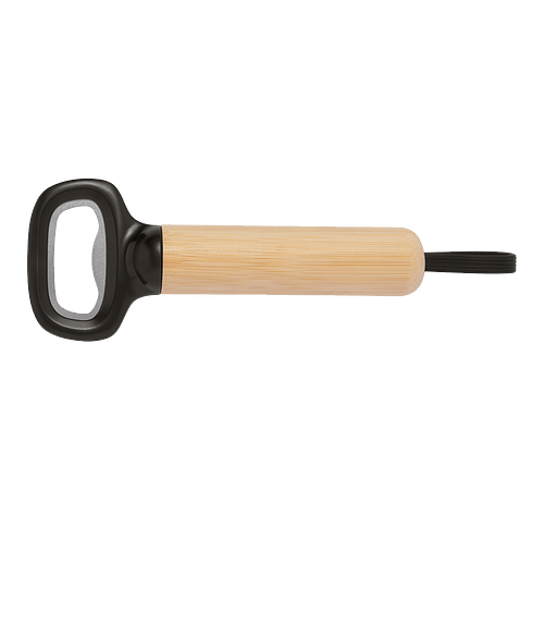 Laser Engraved Bamboo Bottle Opener with Silicone Strap in BLACK