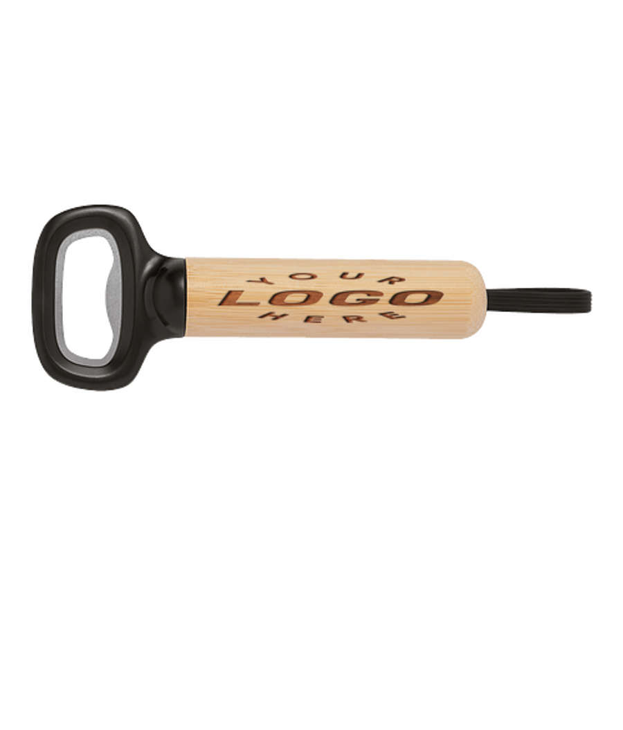 Laser Engraved Bamboo Bottle Opener with Silicone Strap in BLACK