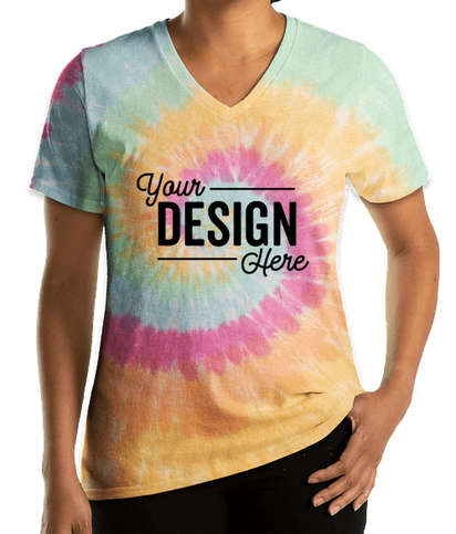 Port & Company Women's Tie-Dye V-Neck T-shirt - Pastel Rainbow